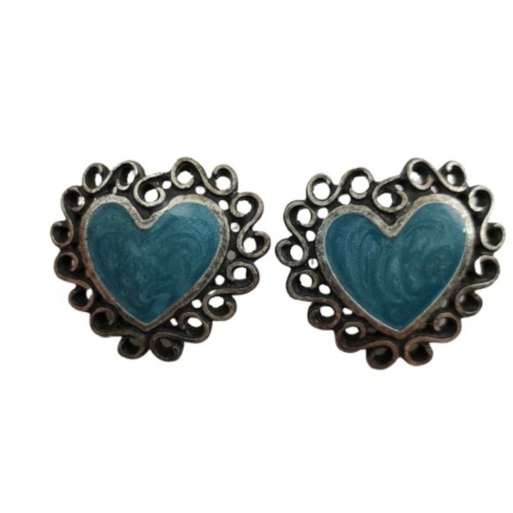 Newpro Earrings Silver Tone Blue Enamel Swirl Vint